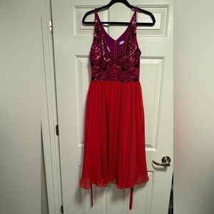 DRESS THE POPULATION Alicia Mixed Media Dress, Women’s Large, Rogue Red Multi